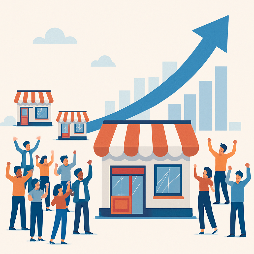 I need a image that the business grow his commerces with a lot of people